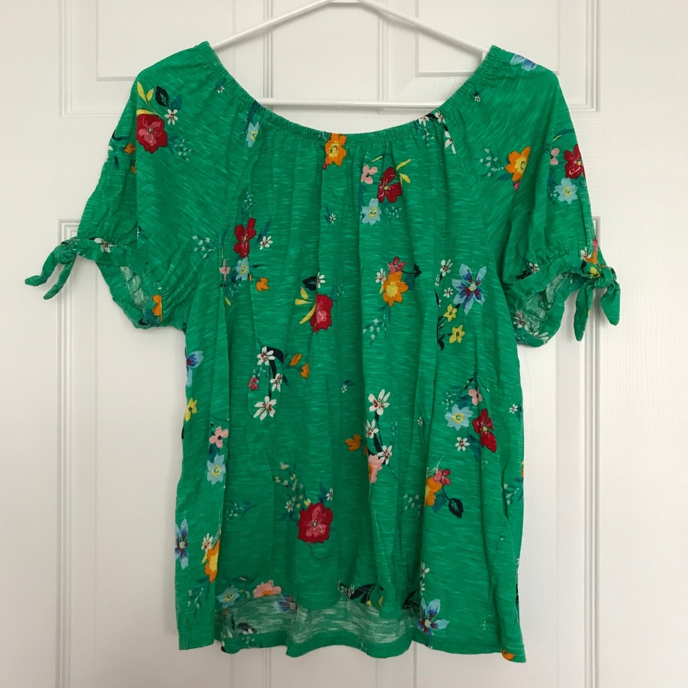 Style and Co Floral Tie Arm Blouse L Top Green Shirt Short Sleeve